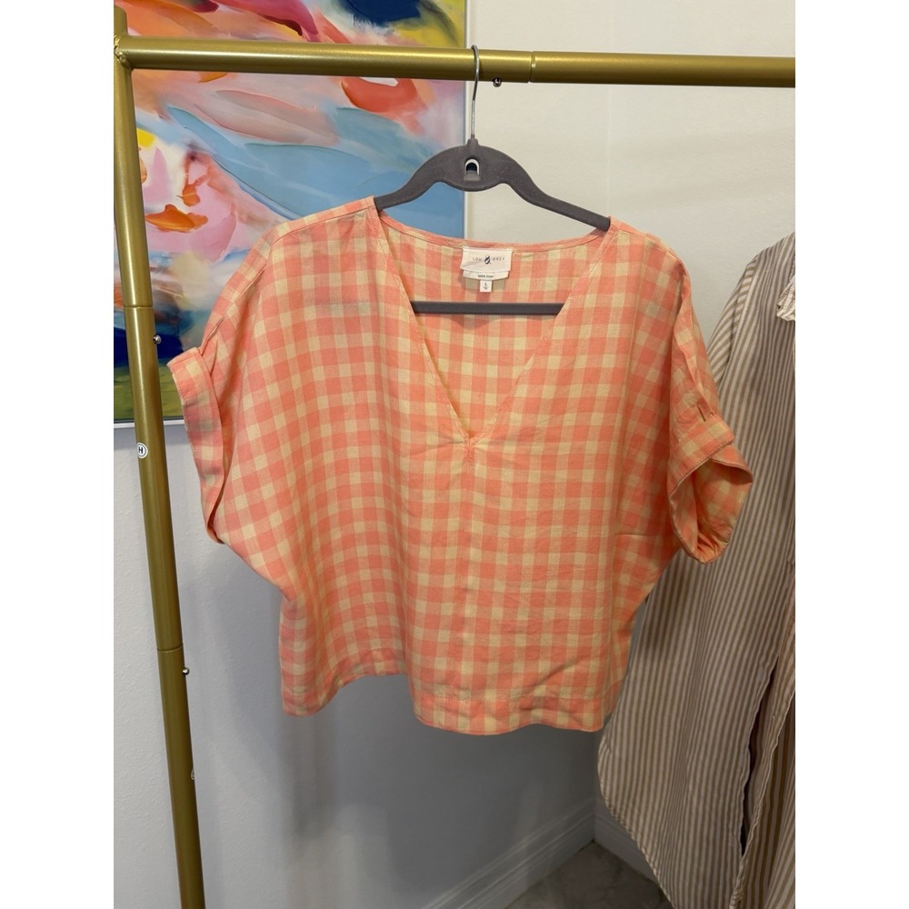 Lou & Grey Women's Linen Large Pink Checkered Top Shirt